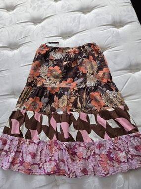 Custo Barcelona Floral Patchwork Tiered Skirt in Brown, Pink and Coral